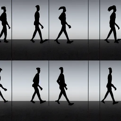 Prompt: One image consisting of ten images of a person walking from left to right, the images has to be in sequence for animation, game art, hd