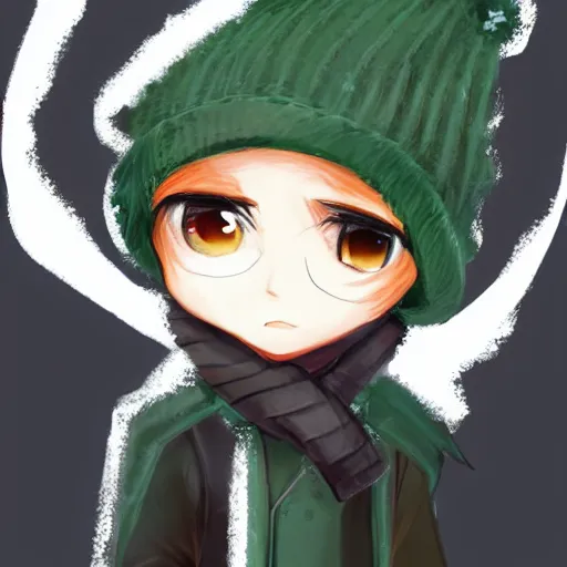 Prompt: a chibi kawaii black haired green eyes boy with winter clothe and gray hat, winning artstation competition