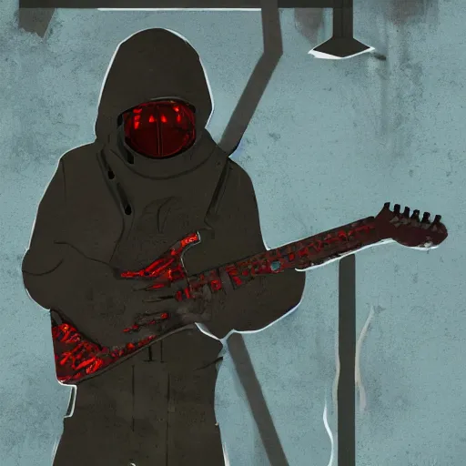 Prompt: stalker plays electric guitar, style of the game stalker, the background of the chernobyl nuclear power plant, smokes a cigar, 8 k, artstation