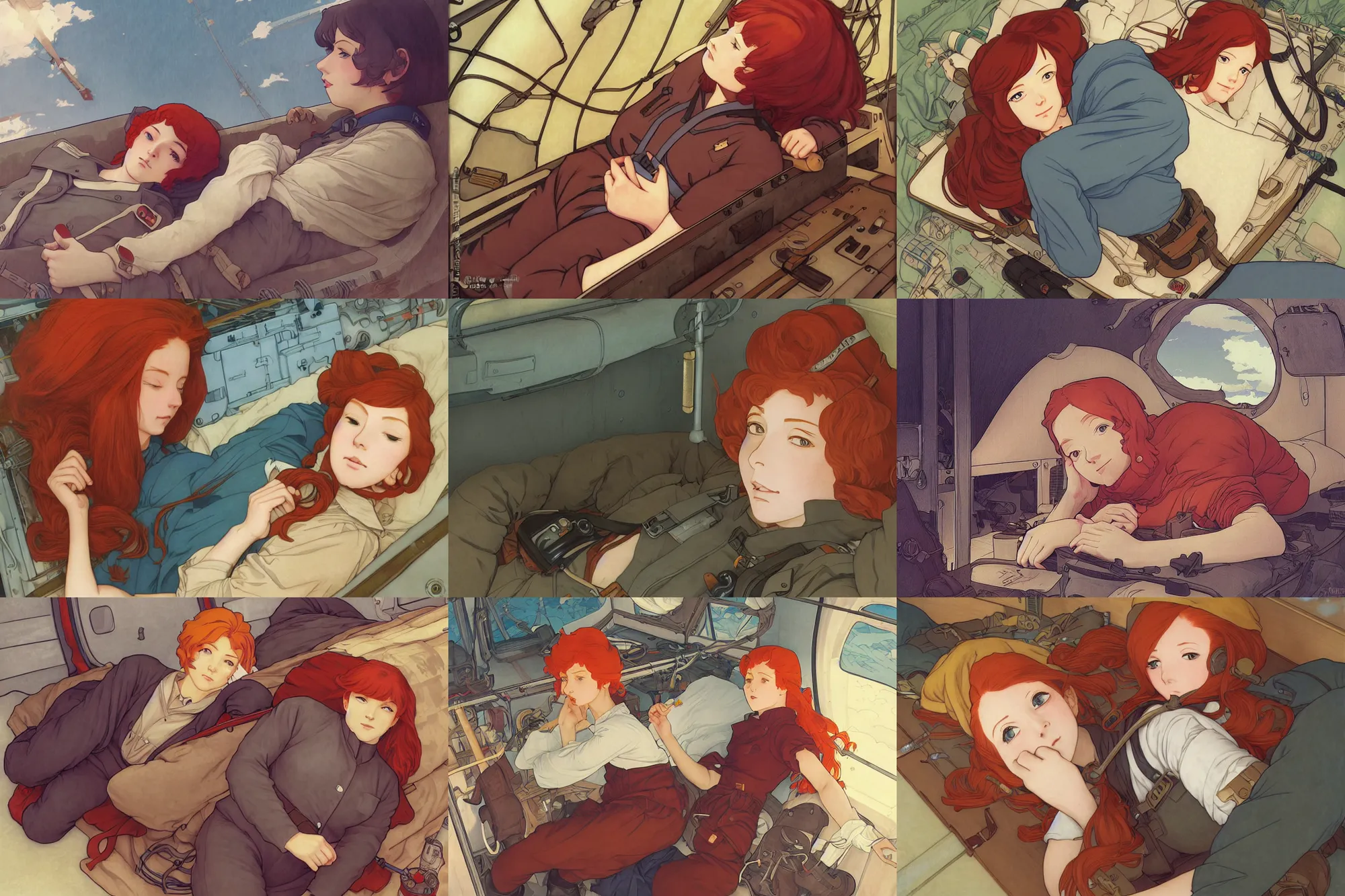 Prompt: airship engineer sleeping in her bunk, redhead, jumpsuit, finely illustrated face, highly detailed, colored pencil, studio ghibli, tankobon, in the style of ilya kuvshinov and krenz cushart and william - adolphe bouguereau and alphonse mucha