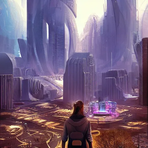 Prompt: a futuristic city is a place where technology has advanced to a point where people have access to everything they need. there are no longer any natural boundaries between humans and machines. people live their lives in virtual reality, and interact with each other via holograms. alyn spiller ultrarealistic 1 5 0 mpx