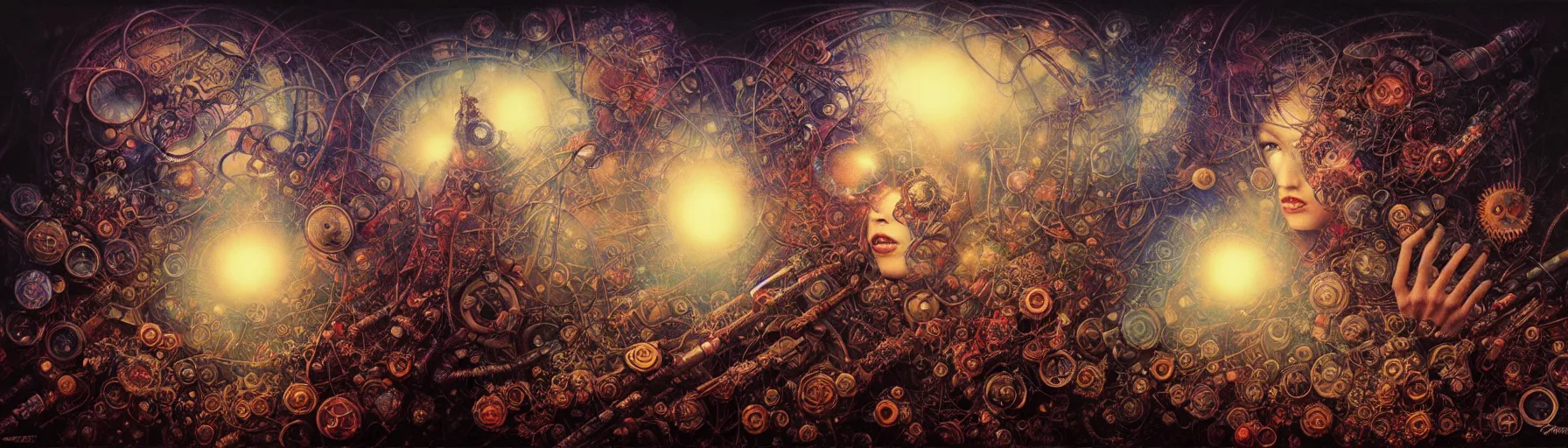 Image similar to dense web of neurons firing, psychedelic lights and fog, guns n roses imagery, zdzislaw, ayami kojima, yamamoto, barclay shaw, karol bak, hyperrealist, 8 k, steampunk