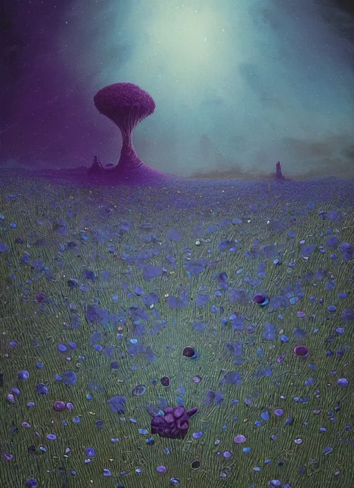 Image similar to detailed, intricate blue black and purple papaverum flower on the field, nebula, galaxy in the sky, winning award masterpiece, fantastically beautiful, illustration, aestheticly inspired by beksinski and dan mumford, upscale with simon stalenhag work, artstation, 8 k