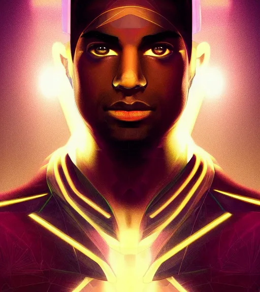 Image similar to symmetry!! egyptian prince of technology, solid cube of light, hard edges, product render retro - futuristic poster scifi, lasers and neon circuits, brown skin man egyptian prince, intricate, elegant, highly detailed, digital painting, artstation, concept art, smooth, sharp focus, illustration, dreamlike, art by artgerm