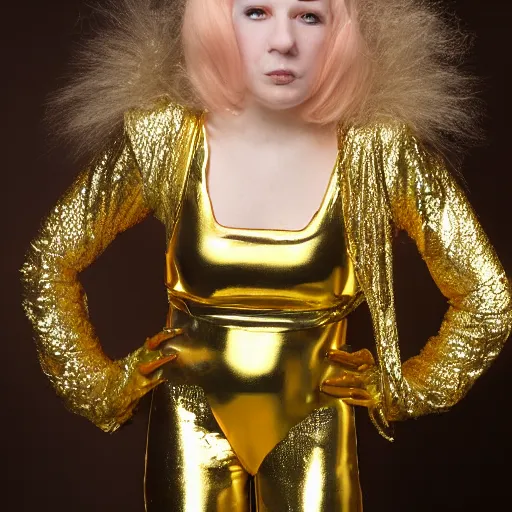 Image similar to portrait davis taylor brown dressed in 1 9 8 1 space fantasy fashion, shiny metal