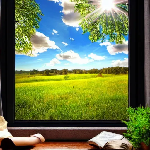 Image similar to a cinematic landscape view looking out a window into an open field with a small creek, wind blows the leaves, and the sun shines through the parted clouds, digital fantasy, detailed, wide angle