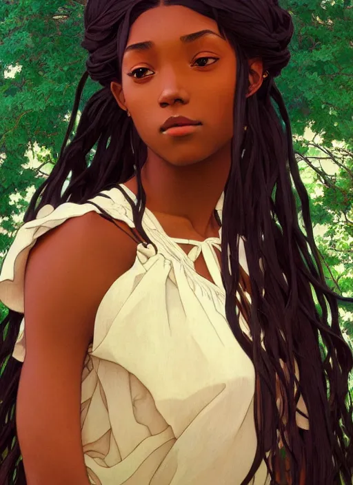 Image similar to pretty young black woman with shoulder length hair, path traced, highly detailed, high quality, digital painting, by studio ghibli and alphonse mucha, leesha hannigan, makoto shinkai, disney