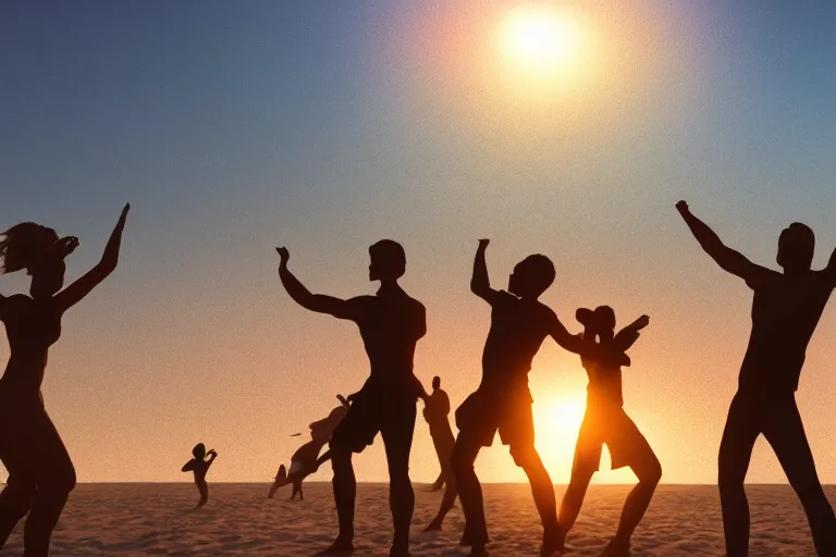 Image similar to everyone dancing at a party at the beach, praising the sun, golden hour, cinematic, atmospheric, 8k resolution, ArtStation, Hyperrealistic