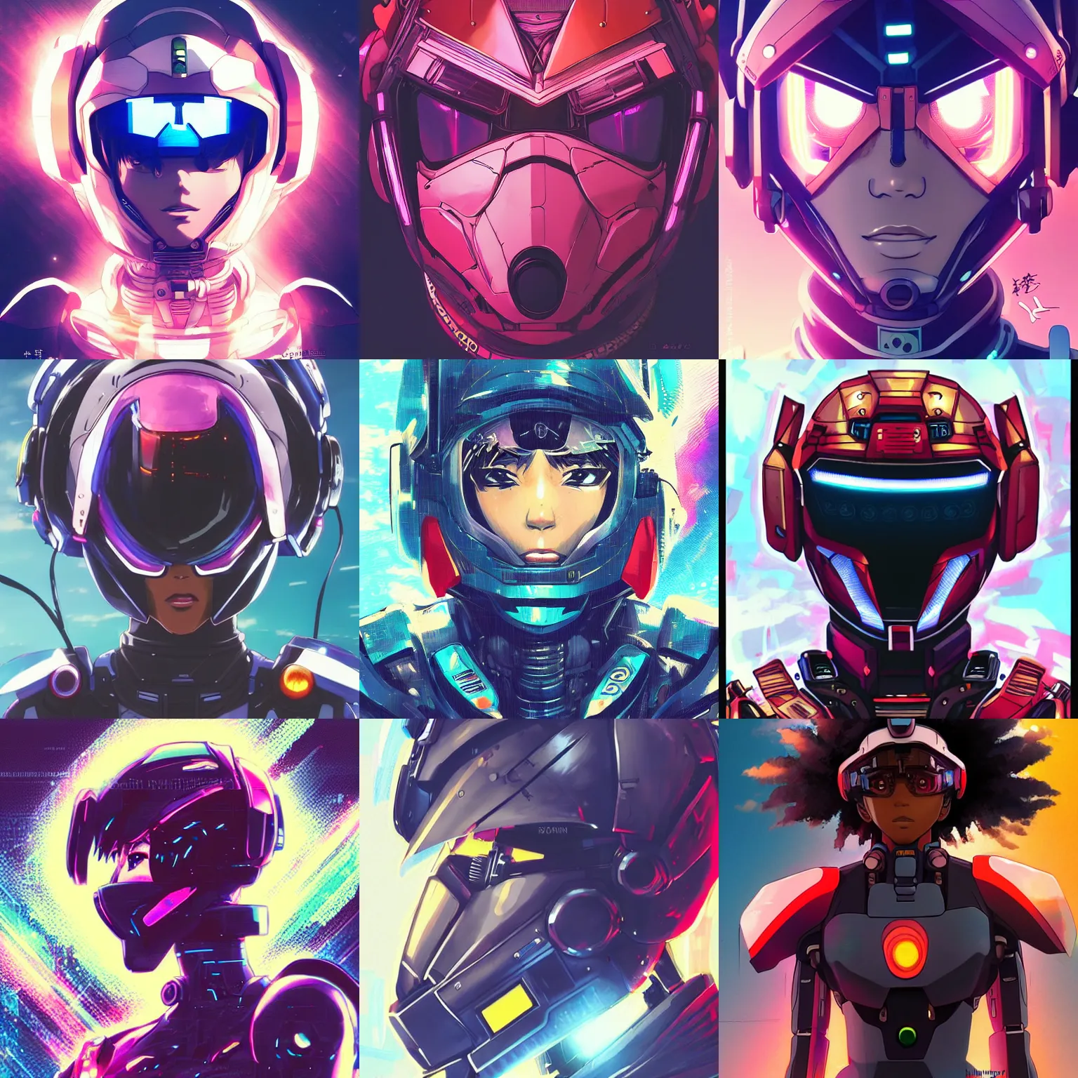 Prompt: anime manga afro - cyberpunk 👩🏿🦲 gundam pilot portrait with an intricate futuristic urban inspired helmet, hyperrealistic digital illustration, by makoto shinkai, ilya kuvshinov, lois van baarle, rossdraws, basquiat, trending on artstation, cmyk, neon colors