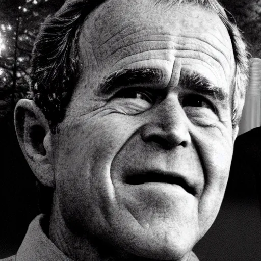 Image similar to George Bush on a cctv camera, late at night in the woods, black and white, blurry footage