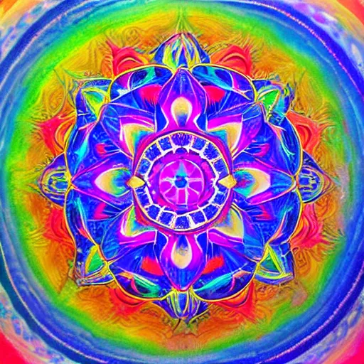 Prompt: “Four dimensional lotus mandala. Brightly coloured dripping Psychedelic kaleidoscope art, prize winning high definition linework structure, oil on water colour rainbow”