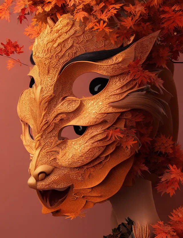 Image similar to 3 d goddess close - up profile portrait. beautiful intricately detailed japanese autumn fox mask, fall leaves, phoenix, dried plants, wind, creature, artwork by tooth wu and wlop and beeple and greg rutkowski