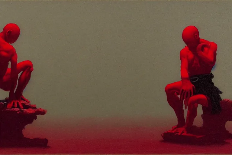 Image similar to only with red, a red samurai do seppuku, tokio, a lot of frogs watch, in the style of beksinski, parts by edward hopper, parts by rodcenko, parts by yue minjun, intricate and epic composition, red by caravaggio, insanely quality, highly detailed, masterpiece, red light, artstation, 4 k