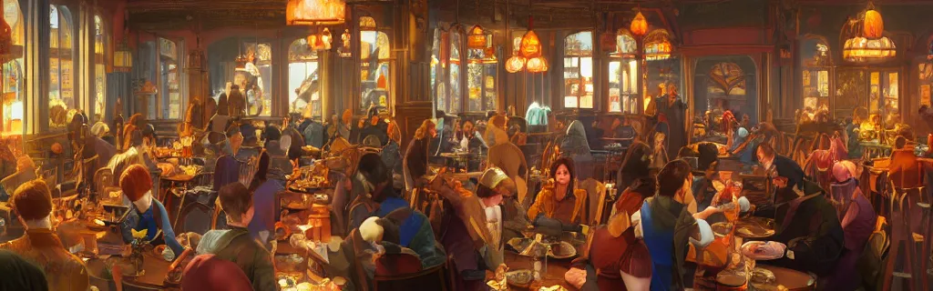 Prompt: people dining at a victorian restaurant, sci fi, vibrant colors, poster, intricate, highly detailed, digital painting, artstation, concept art, smooth, sharp focus, illustration, unreal engine 5, 8 k, art by artgerm and greg rutkowski and shinkiro
