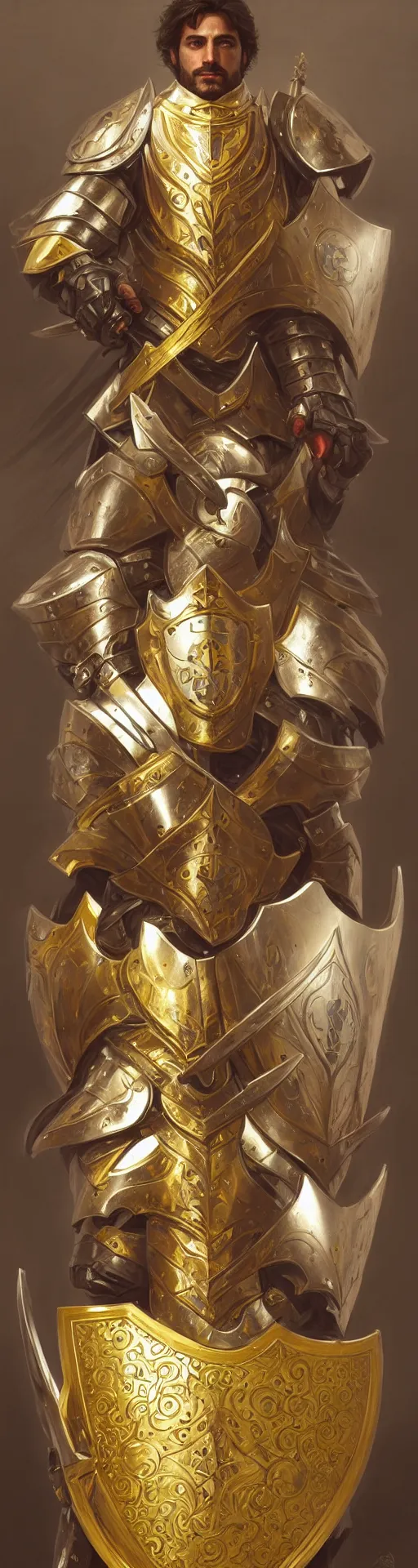 Prompt: Portrait of Pedro Perestrello as a paladin wearing gold full plate armor and wielding a shield, fantasy, intricate, elegant, highly detailed, digital painting, artstation, concept art, matte, sharp focus, illustration, art by Artgerm and Greg Rutkowski and Alphonse Mucha