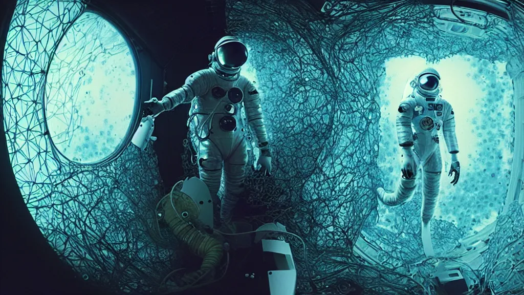 Image similar to a cybernetic symbiosis of a single astronaut eva suit swimming in infected with diamond 3d fractal lace iridescent bubble 3d skin covered with insectoid compound eye camera lenses floats through the living room, film still from the movie directed by Denis Villeneuve with art direction by Salvador Dalí, wide lens,