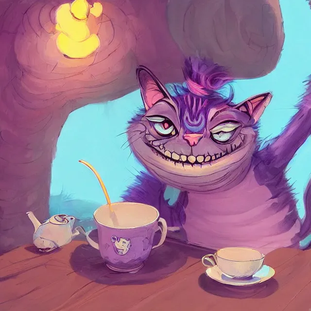 Image similar to cheshire cat drinking tea, by cory loftis, character art, very coherent, exquisite lighting, whimsical background, lighthearted, soft painting, masterpiece