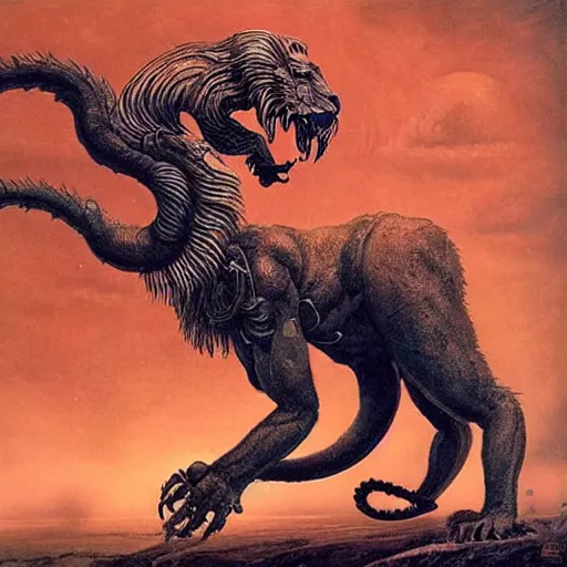 Image similar to manticore concept, lion body, scorpion tail, beksinski