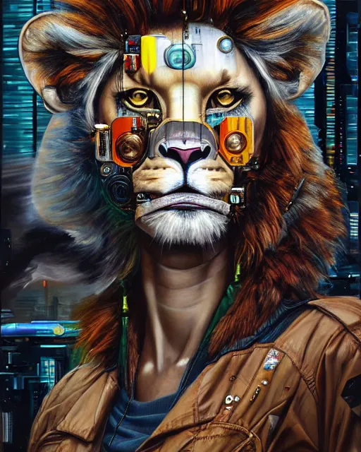 Image similar to a portrait of an anthropomorphic cyberpunk lioness by sandra chevrier, by jon foster, detailed render, tape deck, epic composition, cybernetics, 4 k realistic, cryengine, realistic shaded lighting, sharp focus, masterpiece, by enki bilal