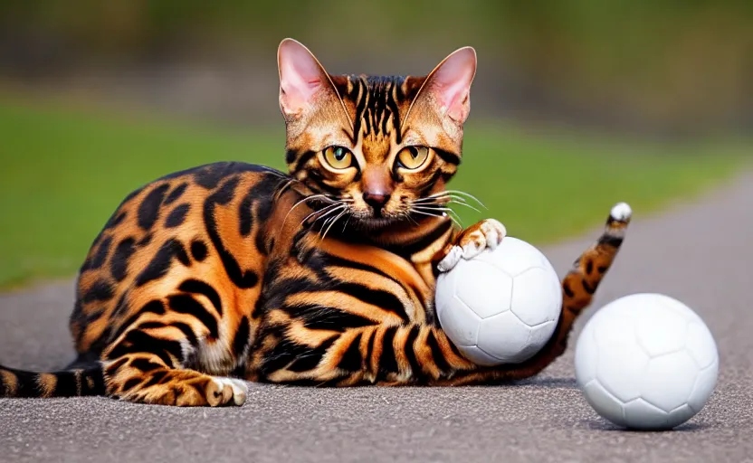 Prompt: happy bengal cat catching a ball