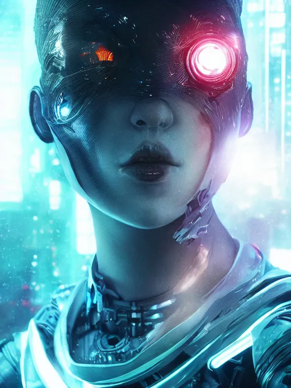 Image similar to portrait art of 8k ultra realistic retro futuristic ninja, lens flare, atmosphere, glow, detailed,intricate,blade runner, cybernetic, full of colour, cinematic lighting, trending on artstation, 4k, hyperrealistic, focused, extreme details,unreal engine 5, cinematic, masterpiece, art by ayami kojima, giger