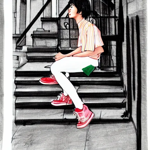 Prompt: fashion sketch of an asian teenager doing a warm up on a brownstone stoop.