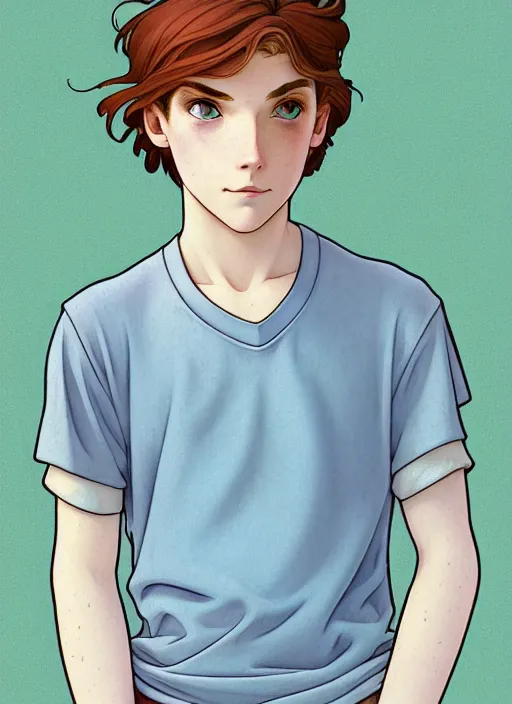 Image similar to art nouveau portrait of a teen boy with straight auburn hair, light blue eyes, pale skin, freckles, sad expression, t - shirt, modern casual clothing, natural lighting, path traced, highly detailed, high quality, cartoon, digital painting, by don bluth and ross tran and studio ghibli and alphonse mucha