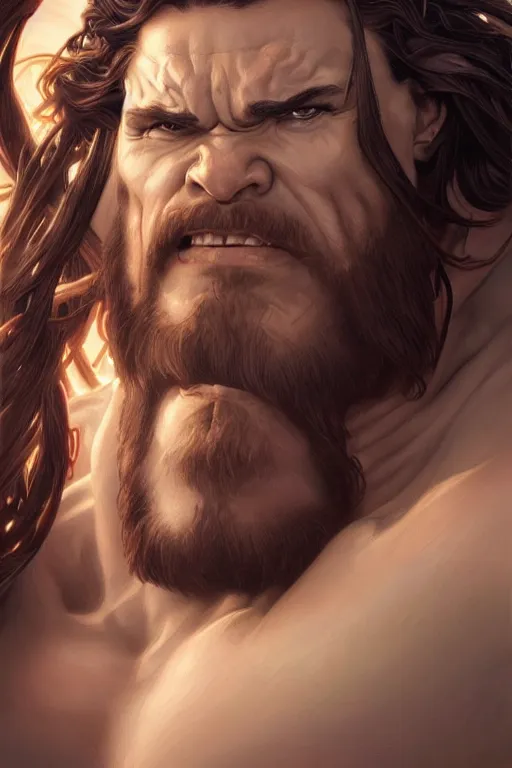 Image similar to hulking herculean ogre jesus christ, masterpiece, intricate, elegant, highly detailed, digital painting, artstation, concept art, smooth, sharp focus, illustration, art by artgerm and greg rutkowski and alphonse mucha and uang guangjian and gil elvgren and sachin teng, symmetry!!