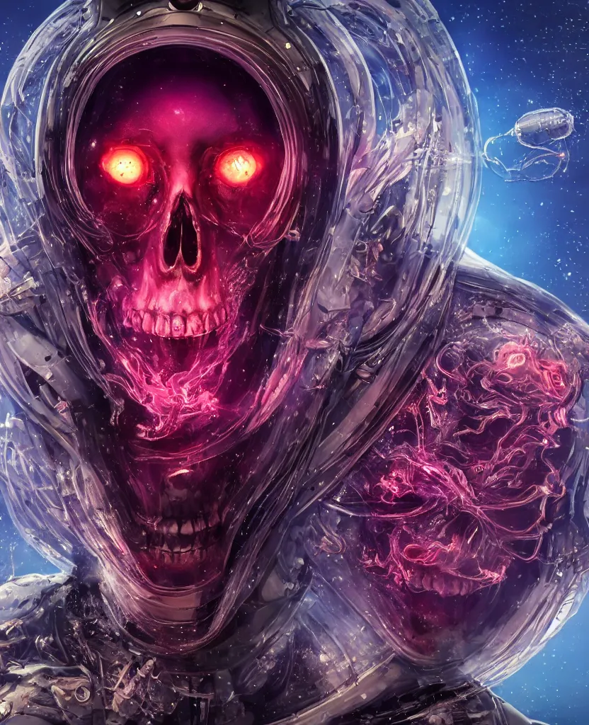 Prompt: close-up macro portrait of the face of a beautiful princess rotten skull in a spaceman suit, epic angle and pose, symmetrical artwork, 3d with depth of field, blurred background, cybernetic jellyfish female face skull phoenix bird, translucent, nautilus, energy flows of water and fire. a highly detailed epic cinematic concept art CG render. made in Maya, Blender and Photoshop, octane render, excellent composition, cinematic dystopian brutalist atmosphere, dynamic dramatic cinematic lighting, aesthetic, very inspirational, arthouse. y Greg Rutkowski, Ilya Kuvshinov, WLOP, Stanley Artgerm Lau, Ruan Jia and Fenghua Zhong