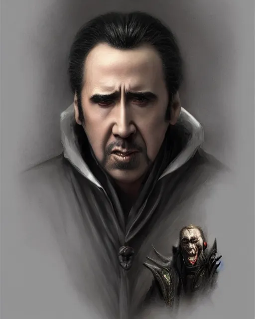 Image similar to nicolas cage as dracula, highly detailed, centered, artstation, concept art, smooth, sharp focus, illustration, bokeh art by artgerm and donato giancola and joseph christian leyendecker zdzisław beksinski