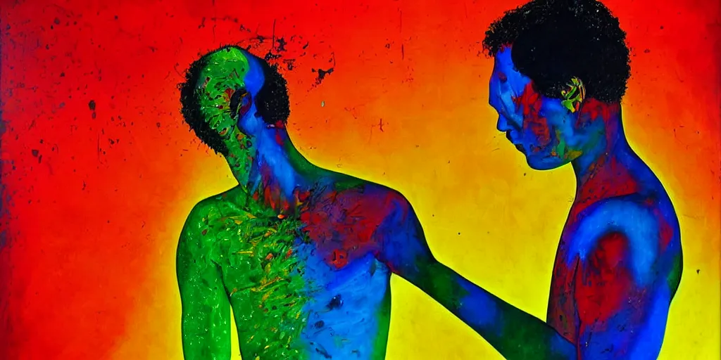 Image similar to a man being overcome by love, ( ( ( psychedelic dripping ) ) ), blue black red green yellow detailed painting by painting by pablo amaringo david normal
