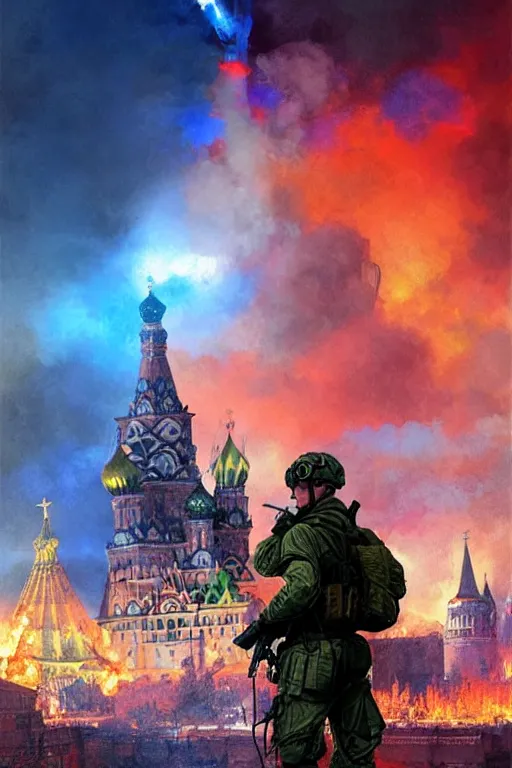 Image similar to special forces soldier with ukrainian blue and yellow shoulder patch watches red square kremlin burn in the background, d & d, fantasy, bright atmosphere, volumetric lights, intricate, elegant, extremely detailed, digital painting, artstation, concept art, matte, smooth, sharp focus, hyper realistic, illustration, art by artgerm and greg rutkowski and alphonse mucha