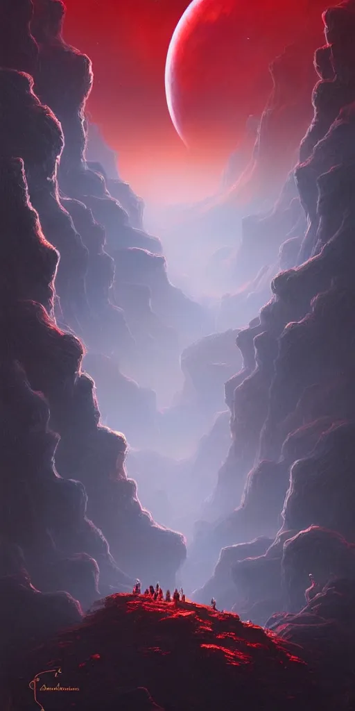 Prompt: Detailed landscape of black moon crater, grand canyon, night, creeping gloom, red rising planet, floating rocks, nebula sky, stunning atmosphere, in Style of Peter Mohrbacher, cinematic lighting