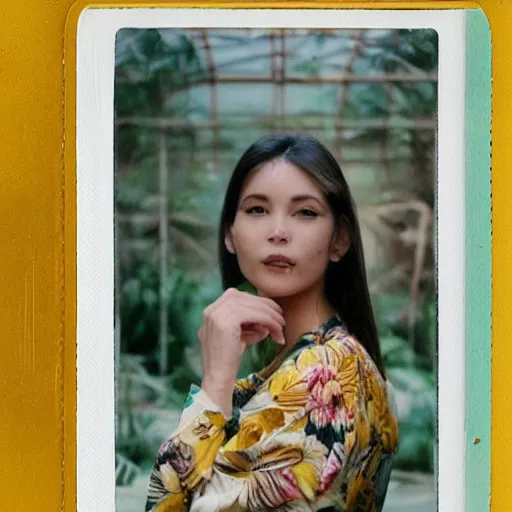 Prompt: head to shoulder portrait Polaroid film photograph of an elegant top model wearing a yellow kimono with a very detailed barn owl on her shoulder!!! in a tropical greenhouse. looking at the camera!!. super resolution. Polaroid 600 film. art by Lili Cranberrie and Cristina Fontsare