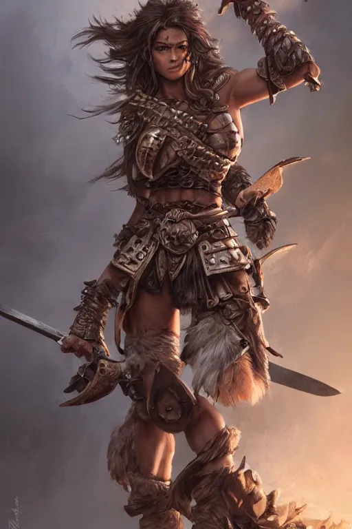Prompt: Female barbarian, heavy brown metallic armor, swords, gorgeous and beautiful, light brown messy hair, dark skin, brown eyes, detailed face, battle stance, high fantasy, extremely detailed, alone, DND, D&D, matte painting, by wlop and peter mohrbacher, trending on artstation, artstationHD, artstationHQ