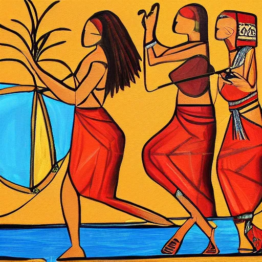 Image similar to painting of 3 5 year old mediterranean skinned woman in ancient canaanite clothing dancing with a tambourine by the ocean, sunset, other women dancing behind, trending on art station