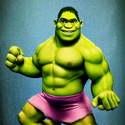 Image similar to a highly detailed image of what the love child between the hulk and shrek would look like