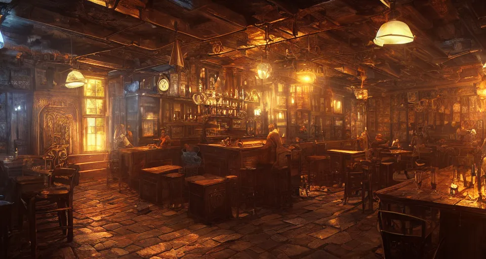 Image similar to alchemy tavern, hyperdetailed, artstation, cgsociety, golden hour 8 k, volumetric lighting, blue light