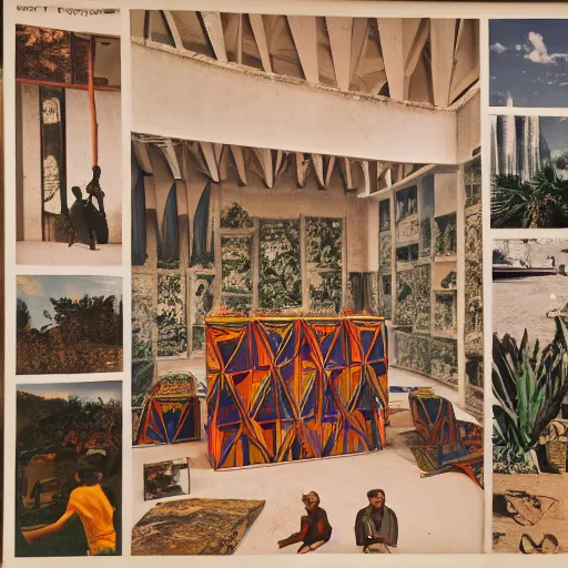 Image similar to A three color offset photography of objects on display, tropical brutalism, anthropology of wonder, exotic artifacts, colonial expedition, catalog exhibition, 60s style