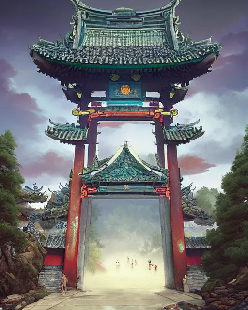 Image similar to tang dynasty shinto gate at the top of dragon mountain by peter mohrbacher and dan mumford and nekro, cgsociety, volumetric light, 3 d render