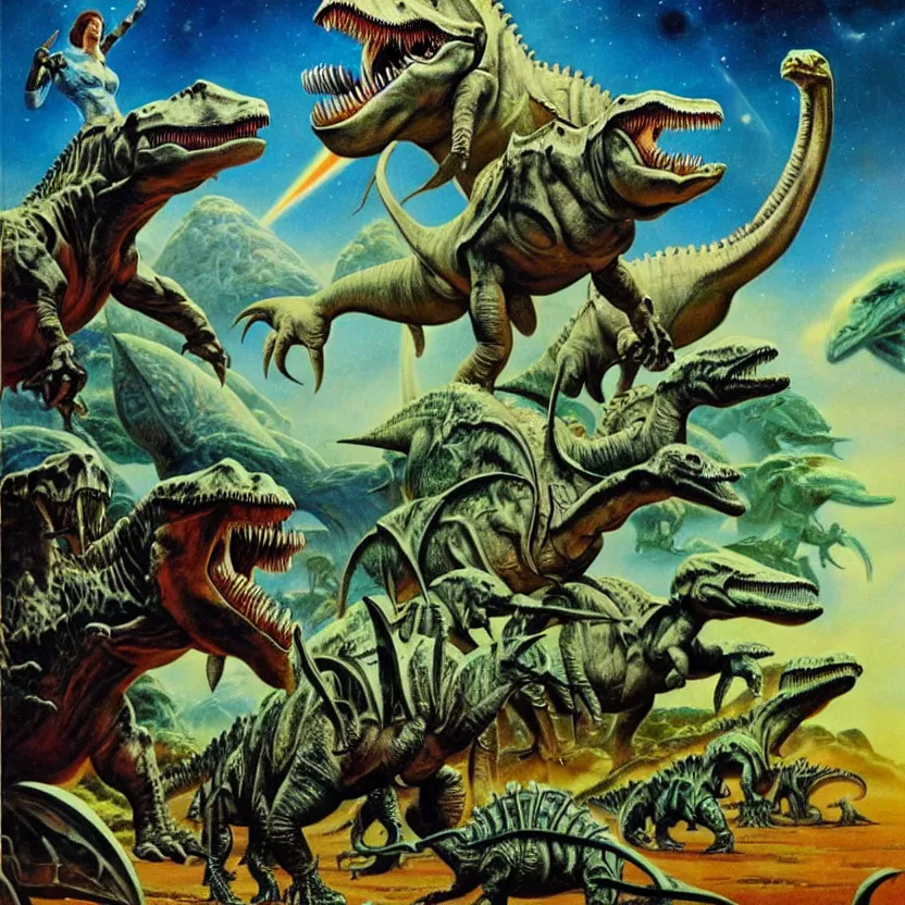 Image similar to metalheads riding dinosaurs in the space jungle, boris vallejo style, lord of the rings