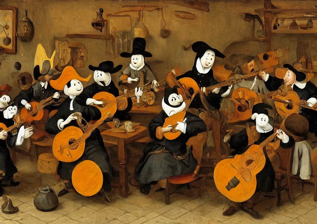 Image similar to Jan Steen. The Moomins playing mariachi. Mexican tavern, low ceiling, small chamber. Hyperrealistic, ultra detailed, 80mm, museum, artwork. Empty. Daylight.