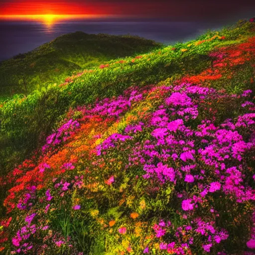 Image similar to flower on the edge of a cliff, cliff edge, colorful flower, sunset, beautiful colors, color palette, concept art, high detail, dramatic angle