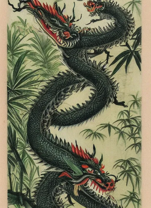 Prompt: vintage chinese dragon in a tropical forest, john james audubon, intaglio, sharp focus