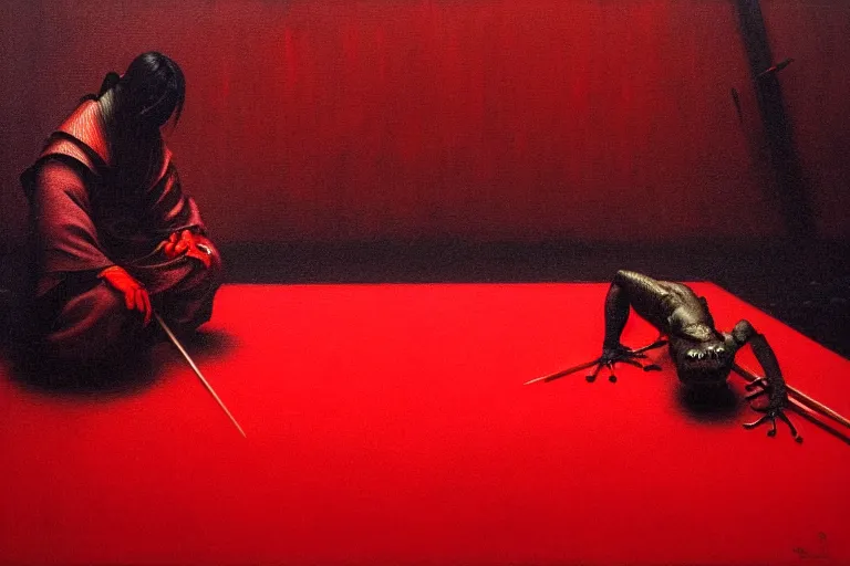 Image similar to only with red, a red samurai do seppuku, tokio, a lot of frogs watch, in the style of beksinski, parts by edward hopper, parts by rodcenko, parts by yue minjun, intricate and epic composition, red by caravaggio, insanely quality, highly detailed, masterpiece, red light, artstation, 4 k