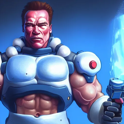 Image similar to a screenshot of arnold schwarzenegger as mei shooting frost gun in overwatch, portrait, fantasy, beautiful face, vivid colors, elegant, concept art, sharp focus, digital art, hyper - realistic, 4 k, unreal engine, highly detailed, hd, dramatic lighting by brom, trending on artstation