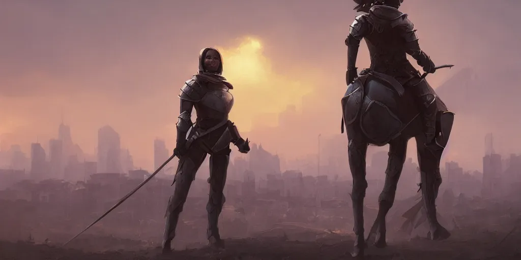 Image similar to a female knight, newyork is a wasteland, sunset in background, muted colours, breathtaking, sharp focus, smooth, greg rutkowski, highly detailed 4 k art
