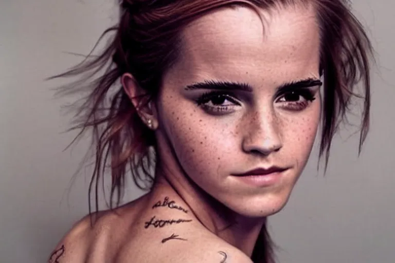 Image similar to emma watson, dope tattoo, hyperrealistic