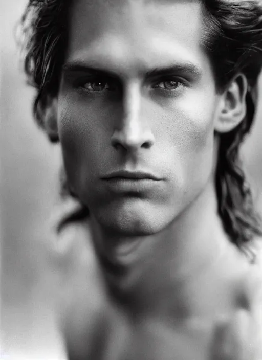 Image similar to a very skinny young Tarzan close-up portrait of young white male, with long dark brown slicked back hair shoulder length