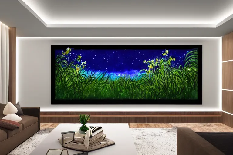 Image similar to very wide view of a modern home movie theater with giant projector screen!!, detailed art deco decoration!, wall lights, plant, popcorn machine, beautiful watercolor painting!!!, trending on artstation